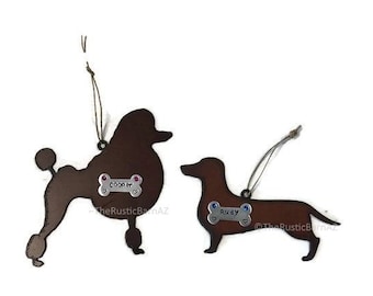 DACHSHUND DOXIE or POODLE dog ornament personalized made of Rustic Rusty Rusted Recycled Metal