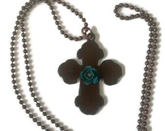 Rustic CROSS necklace with painted turquoise flower accented with swarovski crystal