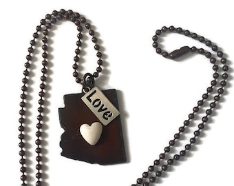 ARIZONA shaped rustic necklace with heart and LOVE tag made of Rusted Metal Necklace