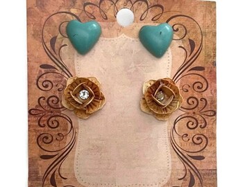 Heart and Flower rustic post earrings