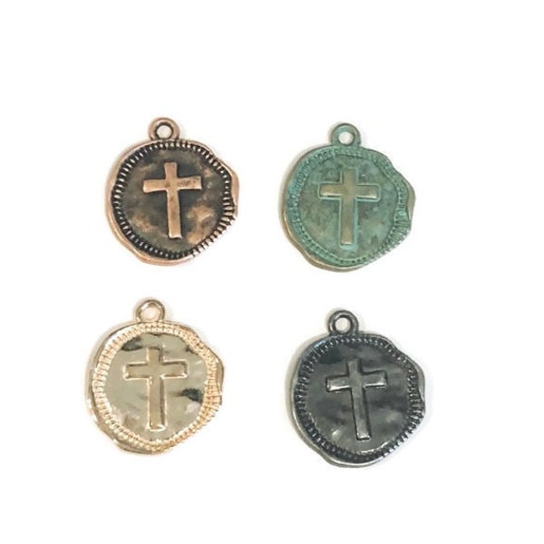 Stamped Cross Coin copper gunmetal, silver, turquoise patina or gold jewelry charms