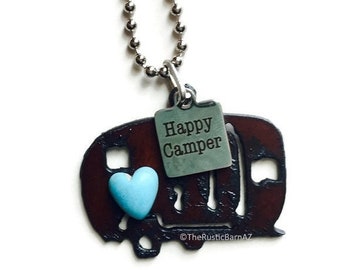 TRAILER CAMPER happy camper stainless steel tag necklace with turquoise heart made of rusted rusty metal also wholesale