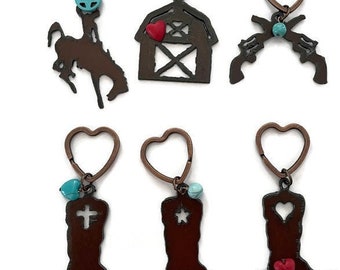 Western Boot Bronc Barn Guns Keychains with Faux bead made of Rustic Rusted Recycled Metal