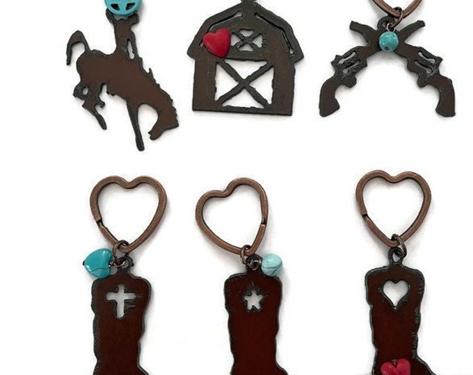 Featured listing image: Western Boot Bronc Barn Guns Keychains with Faux bead made of Rustic Rusted Recycled Metal