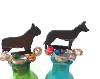 FRENCHIE French Bulldog and Australian CATTLE Dog Rusty Rustic Rusted Metal Decorative Wine Bottle Cork Stopper Topper also wholesale