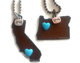 CALIFORNIA or OREGON State Shape Necklace faux heart and love made of rusty recycled metal
