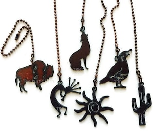 CEILING FAN PULL Southwest Quail Cactus Sun Kokopelli Buffalo or Coyote made of Rusty Rustic Recycled Metal also wholesale