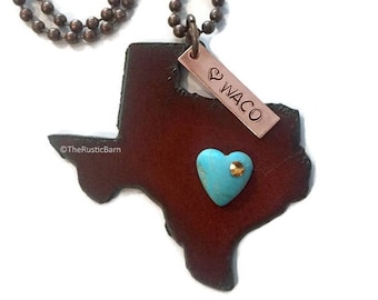 TEXAS WACO City Personalized Montana Arizona California Oregon State Shape Necklace faux heart and copper tag made of rusty recycled metal