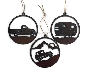 Circle TRUCK CAMPER or OFF Road Vehicle round Rustic Ornaments made of Rustic Rusty Rusted Recycled also wholesale