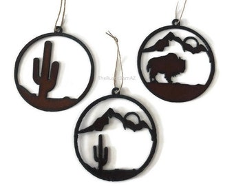 Circle CACTUS BUFFALO round Rustic Ornaments made of Rustic Rusty Rusted Recycled also wholesale