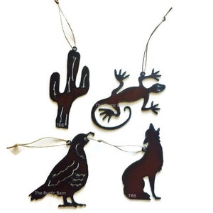 SOUTHWEST QUAIL CACTUS Kokopelli Coyote Ornament made of Rustic Rusty Rusted Recycled Metal