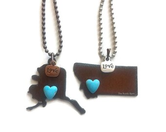 ALAKSA or MONTANA Shape Necklace faux heart and tag home or love made of rusty recycled metal