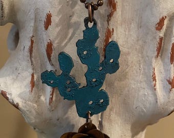PRICKLY PEAR cactus necklace turquoise with rust Flower made with rustic rusted metal
