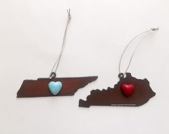 TENNESSEE or KENTUCKY or Missouri STATE Ornament with faux turquoise red or white heart magnet made of Rustic Rusty Rusted