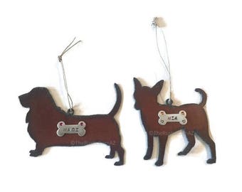 CHIHUAHUA or BASSET HOUND dog ornament personalized made of Rustic Rusty Rusted Recycled Metal