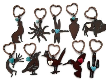 SOUTHWEST Hummingbird Cactus Quail Kokopelli Coyote Style Keychains with Faux bead made of Rustic Rusted Recycled Metal also whole