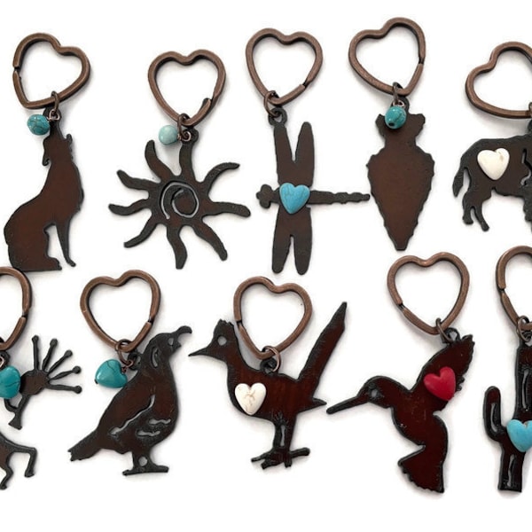 SOUTHWEST Hummingbird Cactus Quail Kokopelli Coyote Style Keychains with Faux bead made of Rustic Rusted Recycled Metal also whole