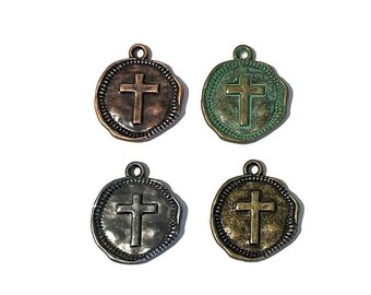 Stamped Cross Coin copper,  gunmetal, turquoise patina or bronze jewelry charms