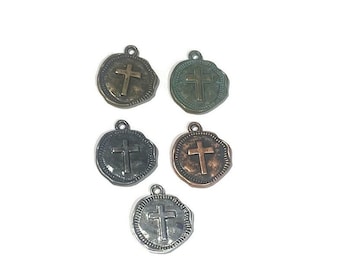 Stamped Cross Coin copper,  gunmetal, turquoise patina or bronze jewelry charms