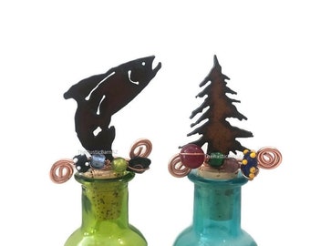 PINETREE or TROUT Fish Rustic Rusty Rusted Metal Decorative  Wine Bottle Cork Stopper Topper