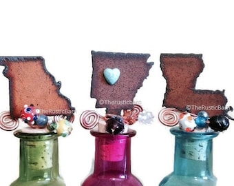 MISSOURI ARKANSAS or LOUISIANA Rusty Rustic Rusted Metal States Wine Bottle Cork Stopper Topper