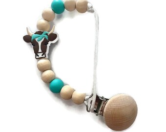 COW black white turquoise Paci clip with silicone Cow and wood beads with Paci Clip on