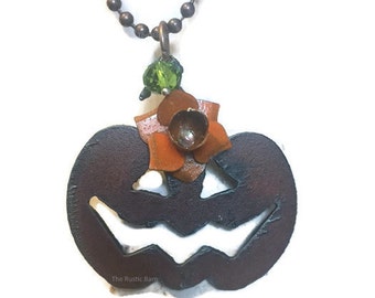 PUMPKIN necklace with orange flower and green crystal made of Rustic Rusty Rusted Recycled Metal