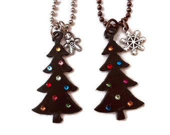 Rustic CHRISTMAS TREE necklace accented with swarovski crystals and a charm made of Rustic Rusty Rusted Recycled Metal