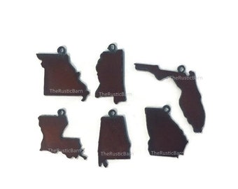 State Shapes Mo Ms Al La Ga Fl (any 3 pieces) Charm Pendant Set made of Rustic Rusty Rusted Recycled Metal