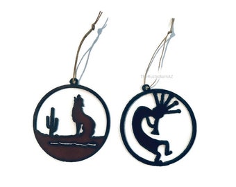 Circle COYOTE or KOKOPELLI round Rustic Ornaments made of Rustic Rusty Rusted Recycled also wholesale