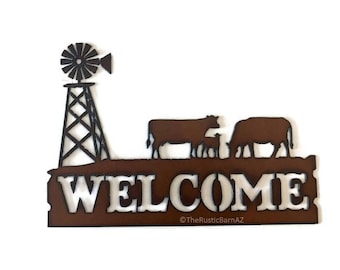 COWS Calf and WINDMILL WELCOME sign made of Rusted Rusty Rusted Recycled Metal