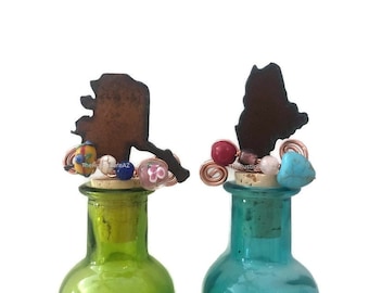 ALASKA shape or MAINE shape Wine Bottle Cork Stopper Topper RustyRusted Metal Decorative