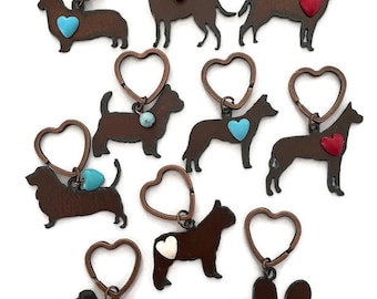 Dog Breeds Corgi Dachsund Golden Retriever Basset Keychains with Faux bead made of Rustic Rusted Recycled Metal