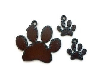 PAW Print set Charm Pendant and small charm earring size cut out Set made of Rustic Rusty Rusted Recycled Metal