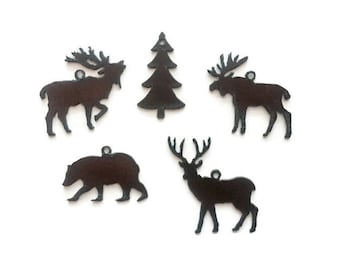 WILDLIFE Elk Moose Tree Bear Dee  (any 3 pieces) Charm Pendant Set made of Rustic Rusty Rusted Recycled Metal