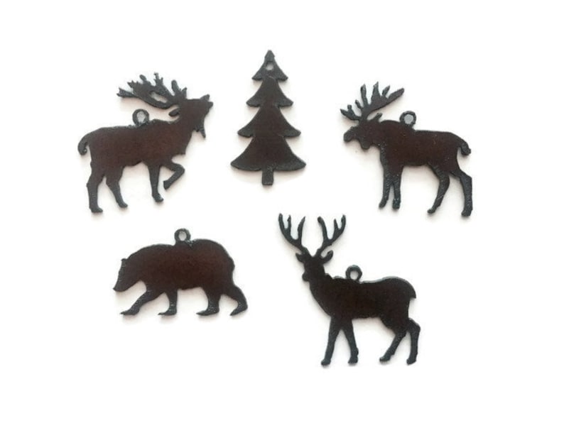 WILDLIFE Elk Moose Tree Bear Dee any 3 pieces Charm Pendant Set made of Rustic Rusty Rusted Recycled Metal image 1