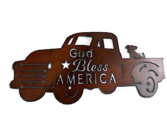 GOD BLESS AMERICA Truck shape Sign made of Rusty Rusted Rustic Recycled Metal