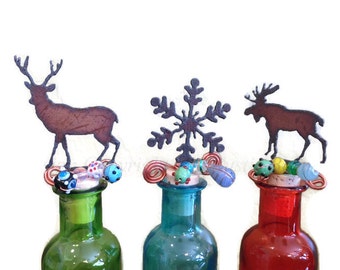 DEER SNOWFLAKE or MOOSE Wine Bottle Cork Stopper Topper Rusted Metal Decorative