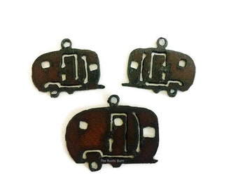 CAMPER TRAILER AIRSTREAM set Charm Pendant and small charm earring size cut out Set made of Rustic Rusty Rusted Recycled Metal
