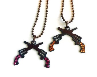 CROSSED GUNS necklace metal charm with Topaz or Hot Pink swarovski crystals made of Rustic Rusty Rusted Recycled Metal