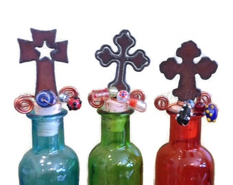 CROSS with Star Cross with Cuts or Chubby Cross Rusted Metal Decorative Wine Bottle Cork Stopper Topper