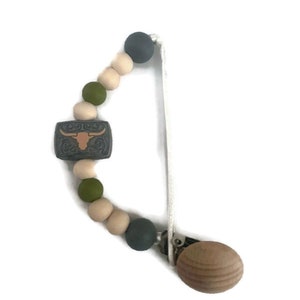 BUCKLE Skull Western Paci clip with silicone wood shape with wood Clip on