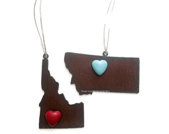 IDAHO or MONTANA Ornament with faux turquoise red or white heart magnet made of Rustic Rusty Rusted