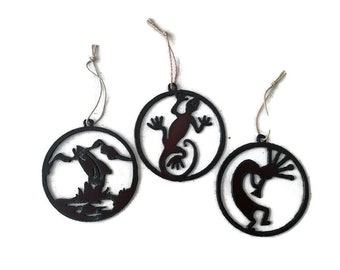 TROUT, LIZARD or KOKOPELLI round Rustic Ornaments made of Rustic Rusty Rusted Recycled also wholesale
