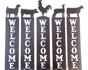 Pig Goat Heifer Lamb Rooster Farm Vertical Welcome Sign made of Rustic Rusty Rusted Recycled Metal