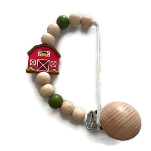 BARN Paci clip with silicone Barn and wood beads shape with Clip on