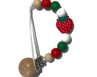 STRAWBERRY Paci clip with silicone Barn and wood beads shape with Clip on