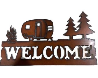CAMPER and PINETREE WELCOME sign made of Rusted Rusty Rusted Recycled Metal