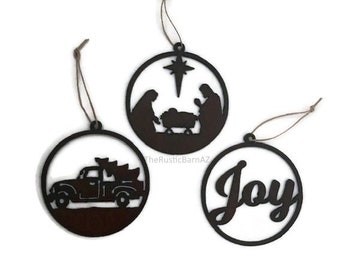 Circle NATIVITY TRUCK and tree or JOY Christmas Holiday round Rustic Ornaments made of Rustic Rusty Rusted Recycled also wholesale