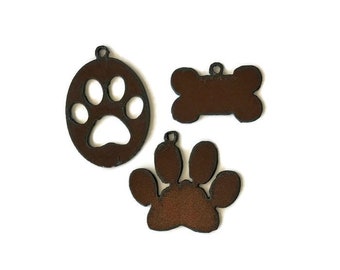 Rustic PAW Circle PAW or BONE charms (3 pieces) made of Rustic Rusty Rusted Recycled Metal